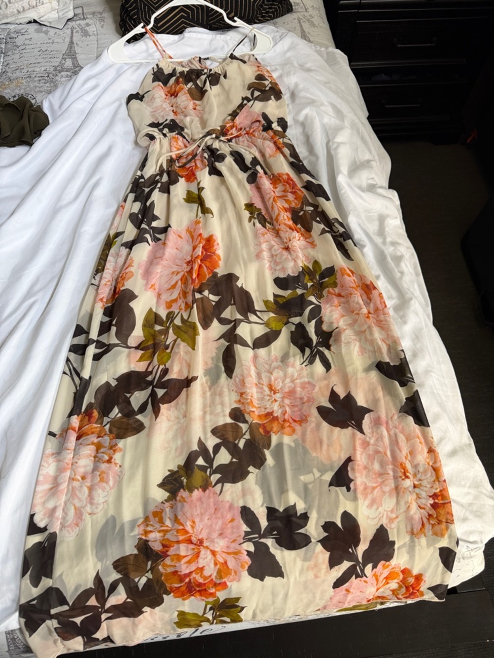 Sweet Storm Cream Maxi Dress with Peach & Brown Floral Print